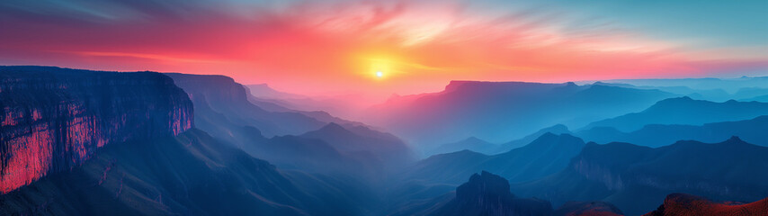 Fototapeta premium A sprawling mountain range with a vibrant sunrise, highlighting the peaks and valleys with misty clouds rolling through the landscape.