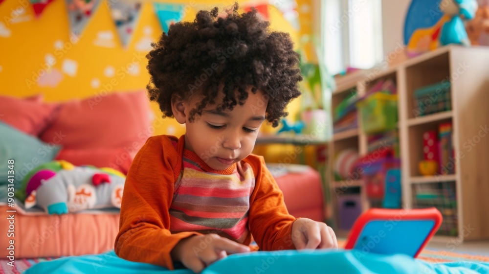 Poster a child with curly hair focuses on an interactive tablet in a vibrant playroom filled with toys and 