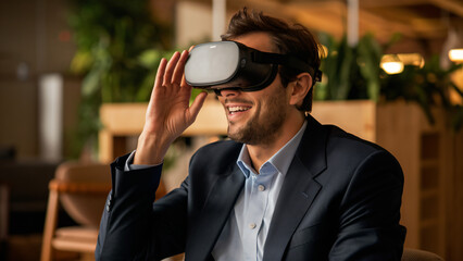 Foto casual de hombre ejecutivo en oficina usando un moderno y discreto visor de realidad virtual, ambiente cálido.