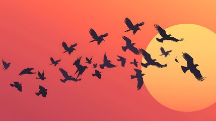 Obraz premium Bird silhouette background, various bird shapes flying against a sunset sky