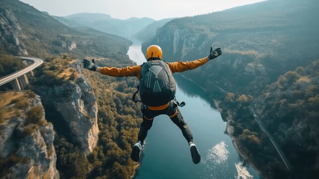 A person wearing a helmet and backpack is skydiving or BASE jumping over a scenic river canyon, surrounded by mountains and forests.