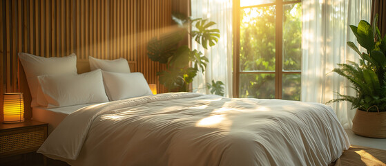 A tranquil bedroom scene with a neatly made bed, fluffy pillows, and a window with sheer curtains letting in soft morning light.