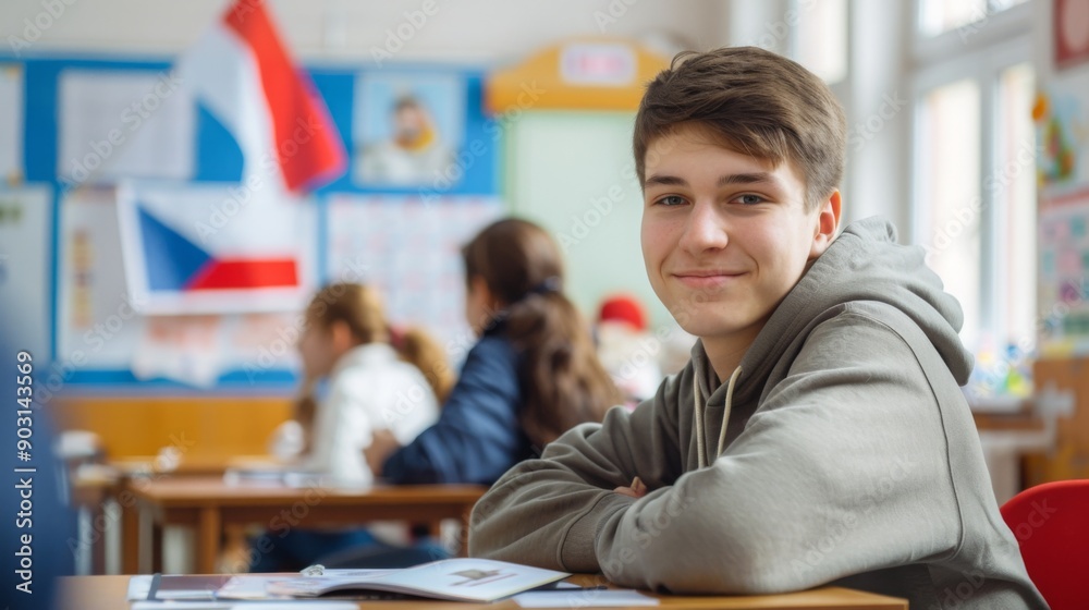 Poster A cheerful student sits at a desk in a classroom, smiling at the camera while classmates engage in a lesson.