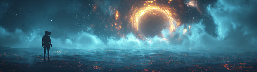 Virtual Reality Exploration: A dynamic scene of users immersed in a virtual world, with digital landscapes and interactive elements, highlighting the immersive experience and cutting-edge technology.