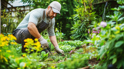 Fototapeta premium Man gardening outdoors, kneeling down and tending to plants and flowers in a garden bed using a gardening tool, wearing a grey cap, shirt, overalls, and gloves.