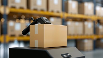 A package being scanned for tracking in a logistics center, high resolution