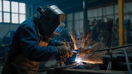 Welding robot with cooling system in use during high precision metal joining process highlighting technician&rsquo;s focus on safety