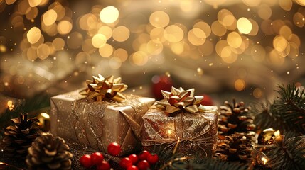 Christmas-Themed Composition with Elegantly Wrapped Gifts and Festive Decorations - Perfect for Holiday Cards or Seasonal Decor