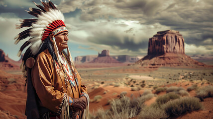 The chief of the Apache Indians stands proudly in traditional attire against a backdrop of the American landscape