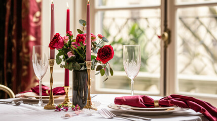 Valentines day tablescape and table decor, romantic table setting with flowers, formal dinner and date, beautiful cutlery and tableware design
