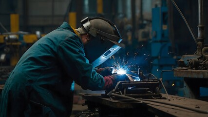 Close up of welding helmet and mask showing technician’s focus on safety and precision with automated welding equipment