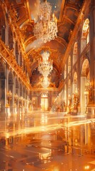 Lavish ballroom with chandeliers and sunlight streaming through large windows.