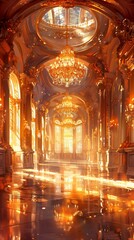Obraz premium Lavish ballroom with chandeliers and sunlight streaming through large windows.