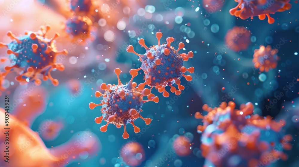 Poster microscopic view of virus particles in a blue and orange background
