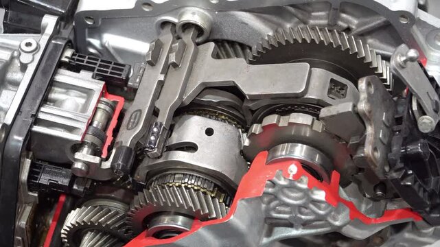 Direct-shift gearbox DSG transmission cutaway  in section as an educational sample .