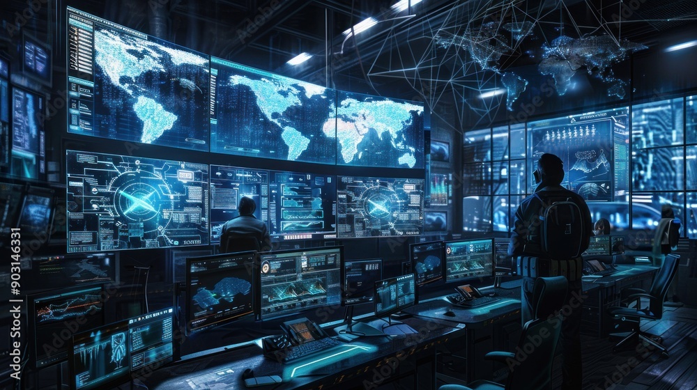 Poster Hacker Monitoring Global Network Activity in a Futuristic Control Room