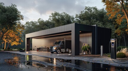 Obraz premium Modern Black Garage with Electric Semi-Truck Charging