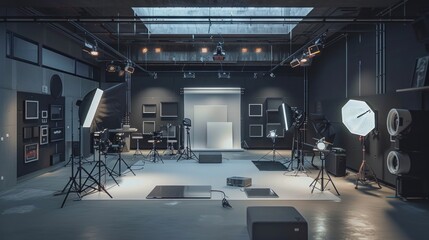 A Modern Photo Studio with Professional Lighting Equipment and Backdrops