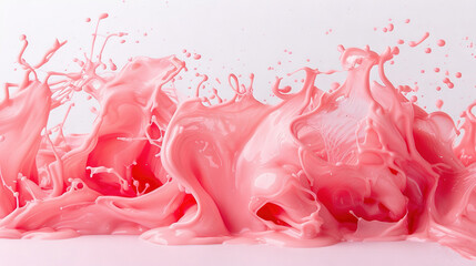   A pink liquid splashes on top of each other on a white surface with a splash of water