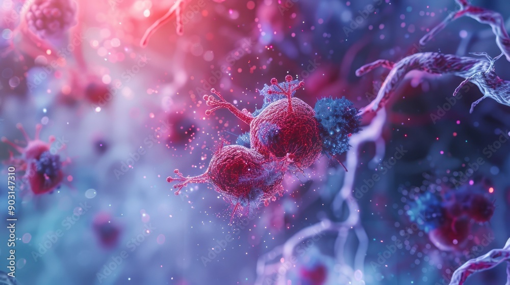 Aufkleber microscopic view of red and blue cells with spikes
