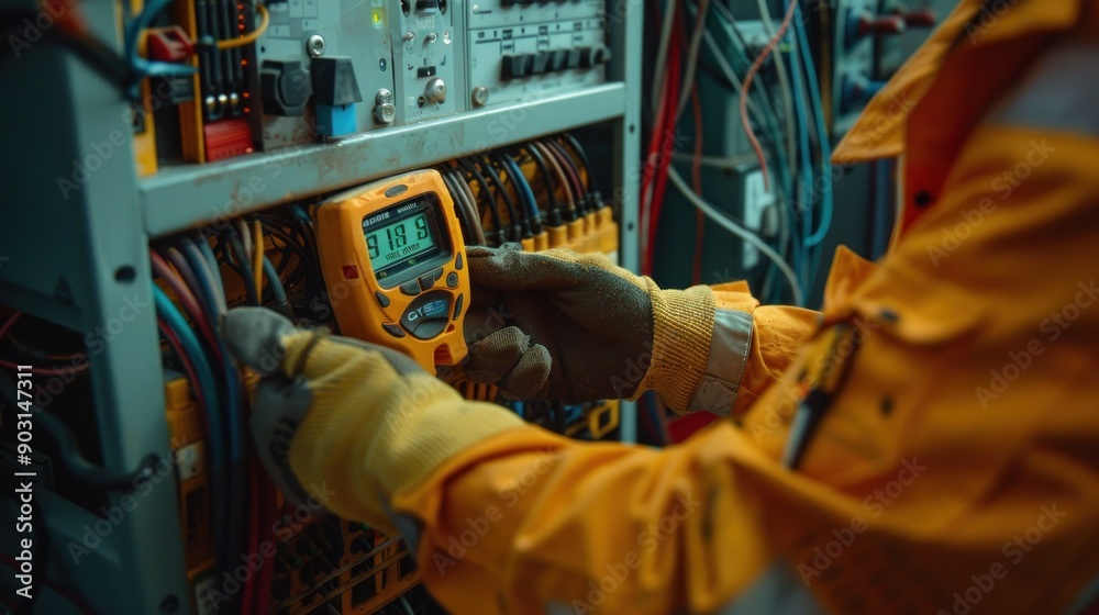 Poster electrician using a digital multimeter to test electrical wiring