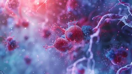 Microscopic View of Red and Blue Cells with Spikes