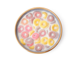 Bowl of colorful sweet cereal rings with milk on white background