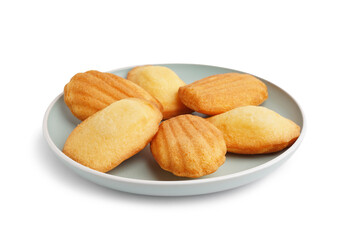 Plate with tasty Madeleine cookies on white background