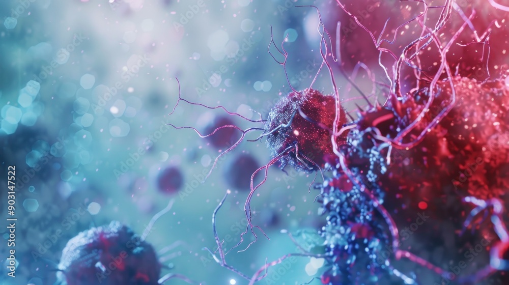Poster microscopic view of cells and tendrils in a blue and red color palette