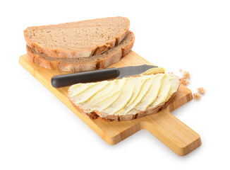 Wooden board of bread slices with fresh butter and knife on white background