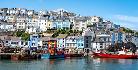 Colourful houses overlooking the harbour in the seaside town of Brixham on the Devon coast