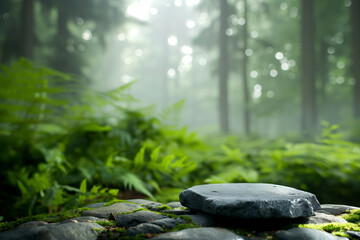 A serene forest scene with towering evergreen trees and a tranquil stone, representing peace and tranquility in nature.