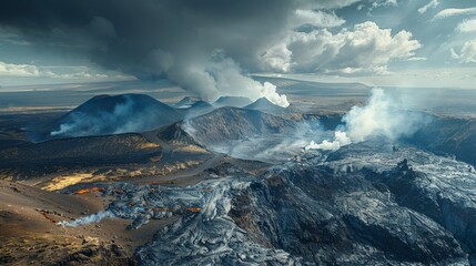 Dramatic volcanic landscape with steaming vents and rugged terrain, otherworldly view 