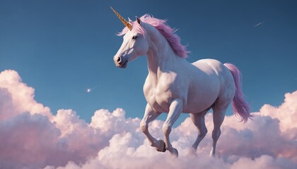 Fototapeta premium A unicorn gallops through heavenly clouds at dawn