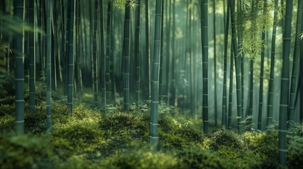 Obraz premium Sunlight Filtering Through Dense Bamboo Forest.