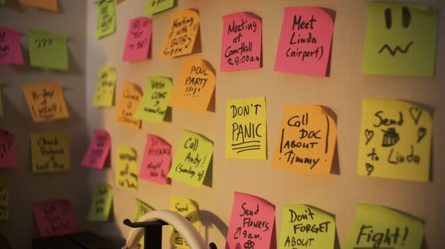 Hand of man placing vibrant paper with inscription Dont panic to a wall with lots of colorful sticky notes. Time organization and planning concept