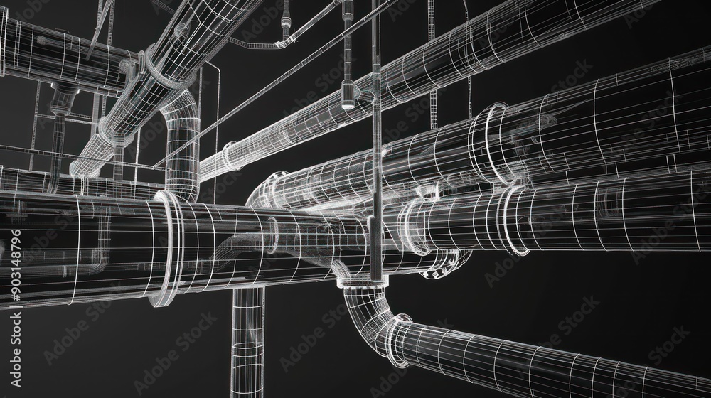 Poster Wireframe Rendering of Interconnected Pipes