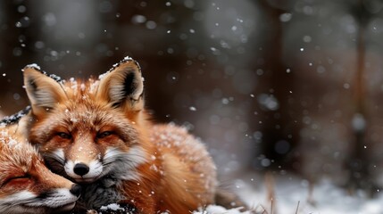 Two adorable red foxes are nestled closely together, surrounded by falling snowflakes in a tranquil, serene forest landscape, conveying warmth and companionship in winter.