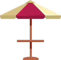 Big beach umbrella standing on wooden support providing shadow on sunny day, element for summer vacation design