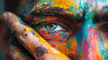 Obraz premium A close-up artistic shot of an eye painted with vibrant colors highlights the intricate details and emotions conveyed, blending creativity with a powerful visual impact.