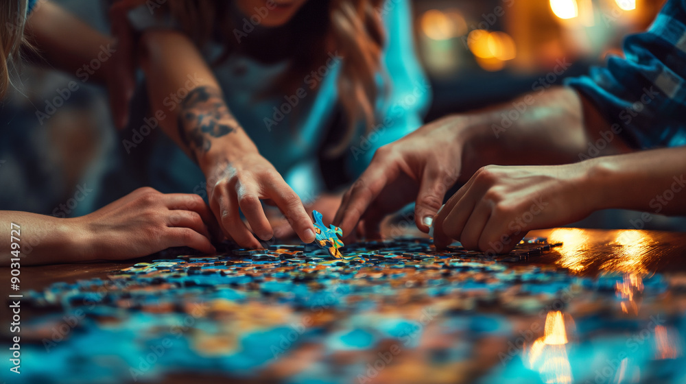 Wall mural colleagues solving puzzles in an escape room, showing teamwork and problem-solving, bottom third cop