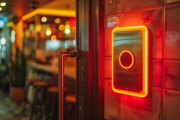 Neon smart home button on a reflective surface symbolizing digital connectivity and modern technology.