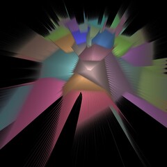 Set on a black background brightly coloured pieces exploding apart in multicoloured layers