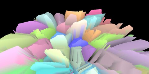 Set on a black background brightly coloured pieces exploding apart in multicoloured layers