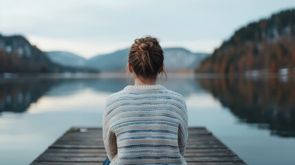 Fototapeta premium A person in a striped sweater with hair in a bun sits on a wooden dock, facing a calm lake surrounded by mountains, and enjoying a peaceful moment of solitude.