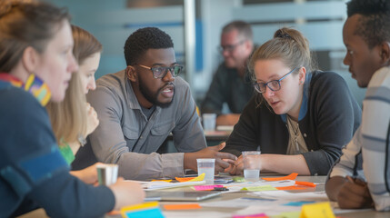 Teams engaged in role-playing scenarios, acting out and strategizing, left third copy space. Creation, Responsibility, Support