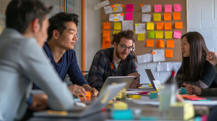 Team members brainstorming and creating prototypes in an innovation lab, bottom third copy space. Creation, Joy, Responsibility