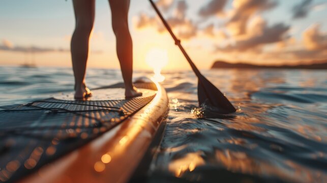 A person stands on a paddleboard with a paddle in hand, enjoying a beautiful sunset over a calm ocean, highlighting the tranquility and leisure of water sports.