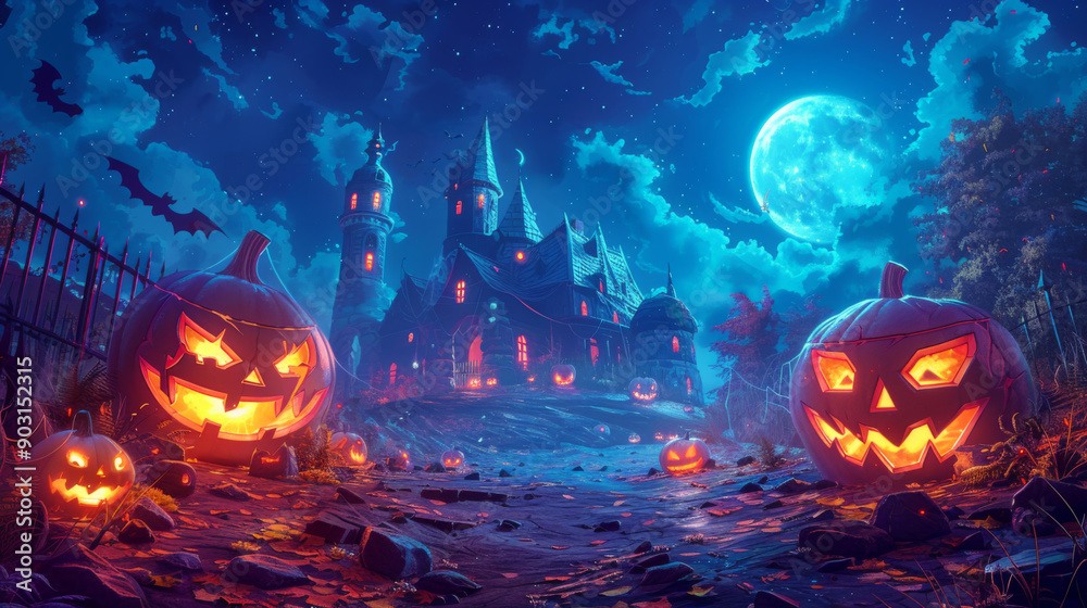 Wall mural happy halloween banner. horrible halloween pumpkins against the backdrop of an old creepy castle und