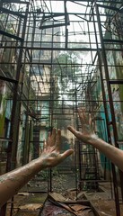 Hands covered in glitter in an abandoned building